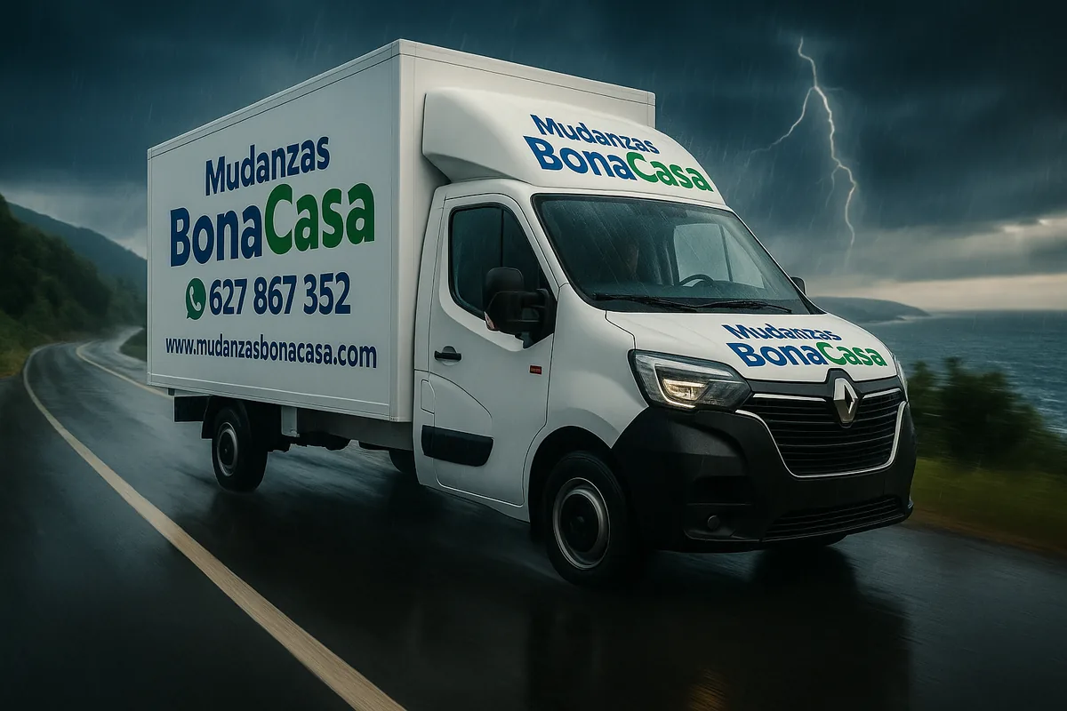 Camión de Mudanzas Bonacasa en carretera, bajo la lluvia
